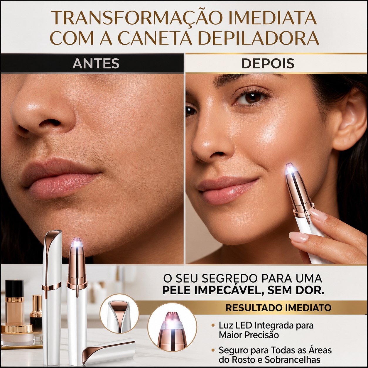 Antes e depois do rosto com a caneta depiladora