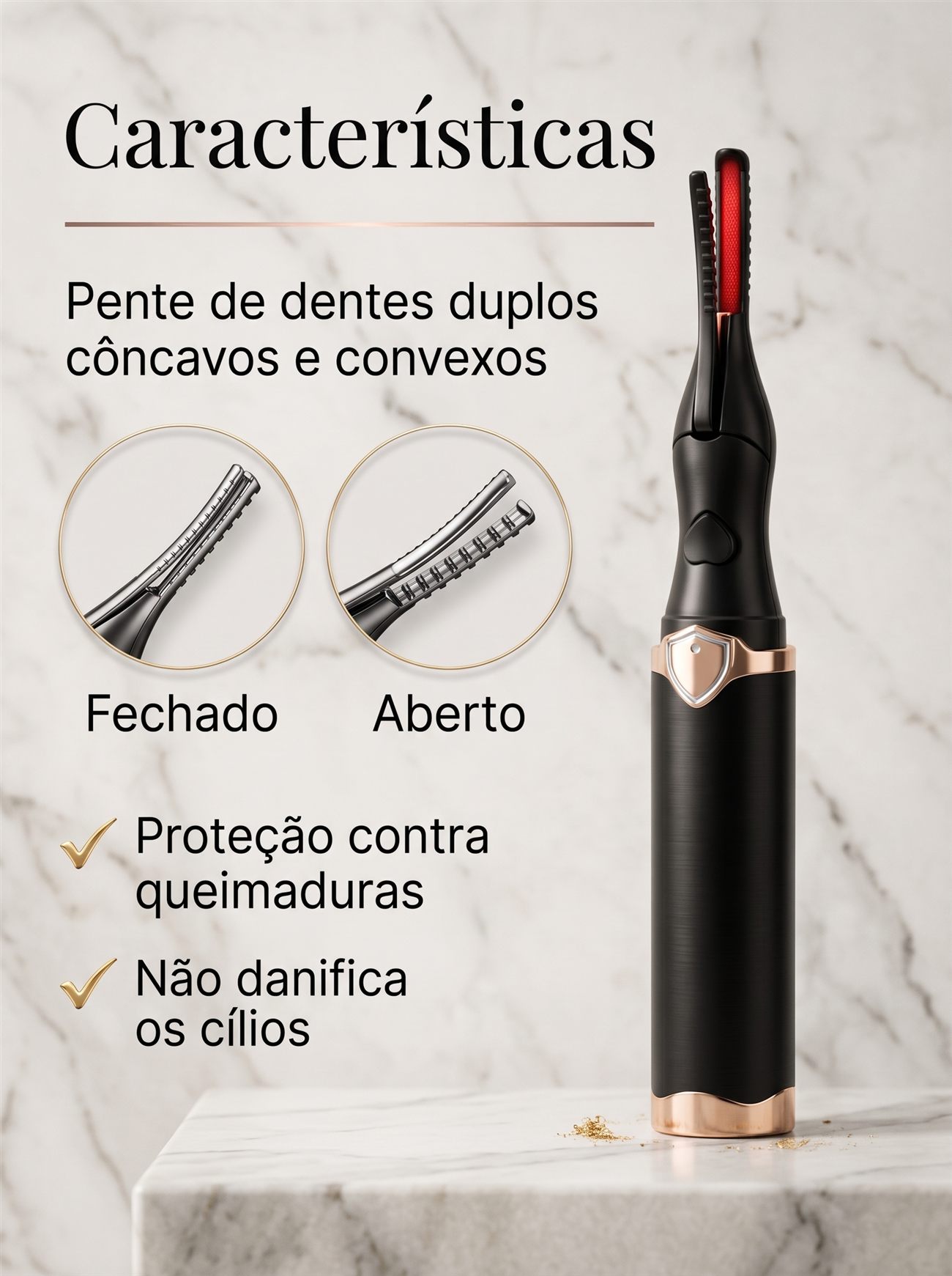 Características: pente duplo, proteção contra queimaduras